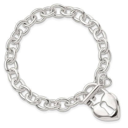 925 Sterling Silver 9mm Polished Heart and Key Bracelet 7.5 inch