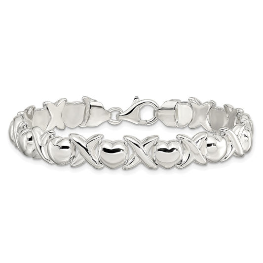 925 Sterling Silver 9mm Polished X and O Bracelet