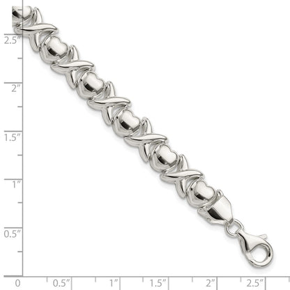 925 Sterling Silver 9mm Polished X and O Bracelet