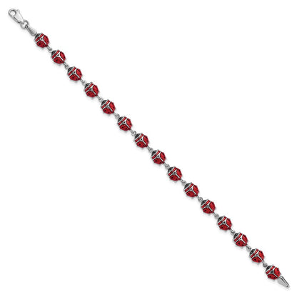 925 Sterling Silver Rhodium Polished Enameled Lady Bug Bracelet 7 inch