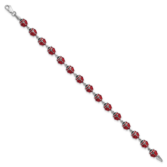 925 Sterling Silver Rhodium Polished Enameled Lady Bug Bracelet 7 inch