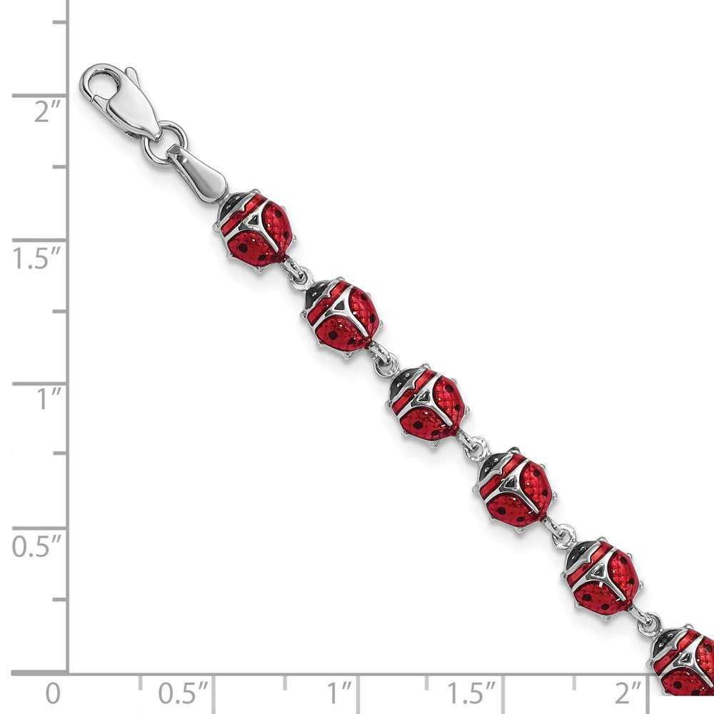 925 Sterling Silver Rhodium Polished Enameled Lady Bug Bracelet 7 inch