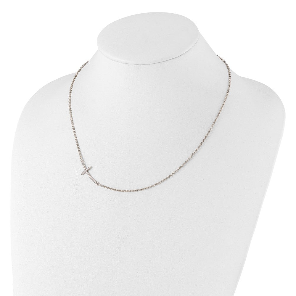 Sterling Silver Large Off-Set Sideways Curved Cross Necklace 19"