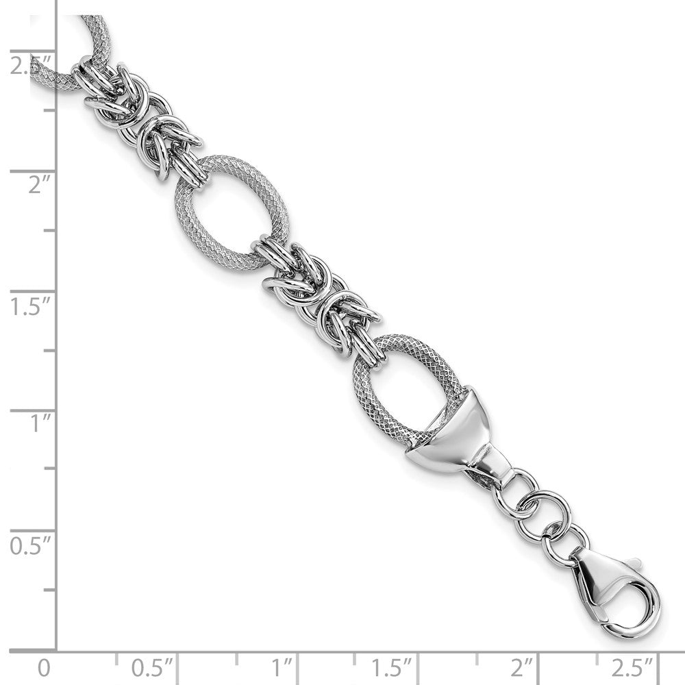 925 Sterling Silver Rhodium-plated Polished Textured Fancy Link Bracelet 7.5 inch