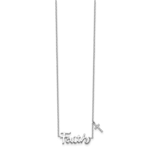 Sterling Silver FAITH Cubic Zirconia Cross Charm Necklace 18"