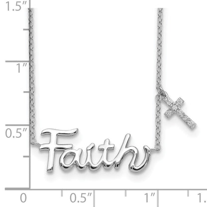 Sterling Silver FAITH Cubic Zirconia Cross Charm Necklace 18"