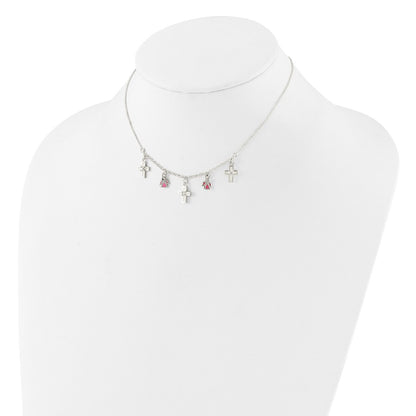 Sterling Silver Polished White & Pink Enameled Cubic Zirconia Cross and Angels Necklace 14"
