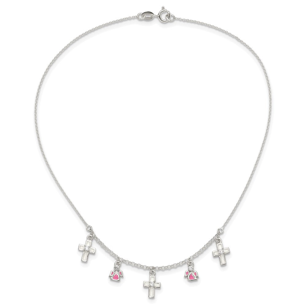 Sterling Silver Polished White & Pink Enameled Cubic Zirconia Cross and Angels Necklace 14"