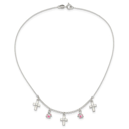 Sterling Silver Polished White & Pink Enameled Cubic Zirconia Cross and Angels Necklace 14"