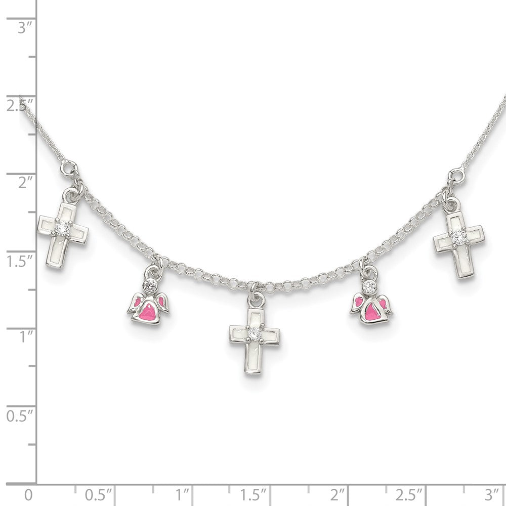 Sterling Silver Polished White & Pink Enameled Cubic Zirconia Cross and Angels Necklace 14"