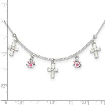 Sterling Silver Polished White & Pink Enameled Cubic Zirconia Cross and Angels Necklace 14"