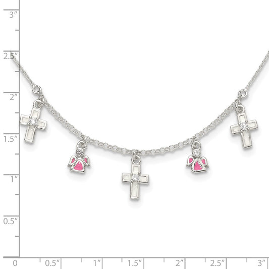Sterling Silver Polished White & Pink Enameled Cubic Zirconia Cross and Angels Necklace 14"
