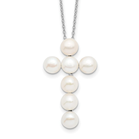 Sterling Silver 6-7mm White Button Freshwater Cultured Pearl Cross Necklace 17"