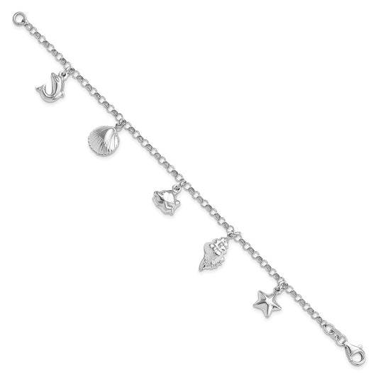 925 Sterling Silver 3mm Rhodium-plated Beach Theme Charm Bracelet 7 inch