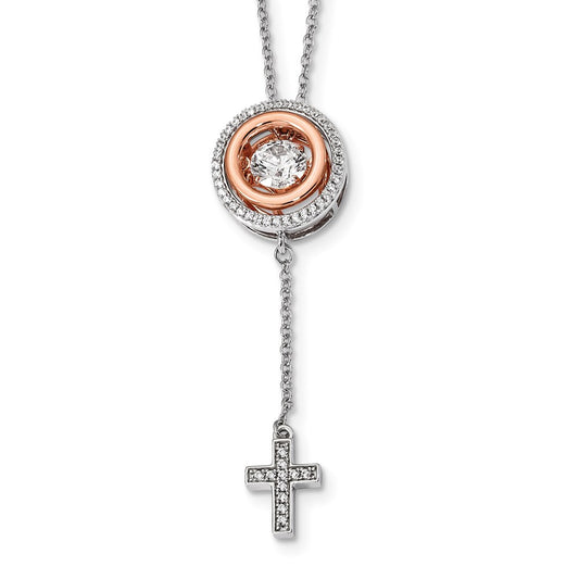 Sterling Silver Plat-plated Rose-tone Vibrant Cubic Zirconia Cross Necklace 16"