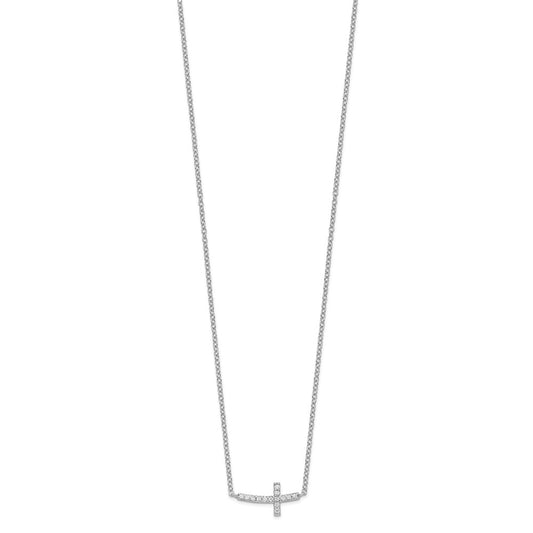 Sterling Silver Cubic Zirconia Sideways Cross Necklace 16"