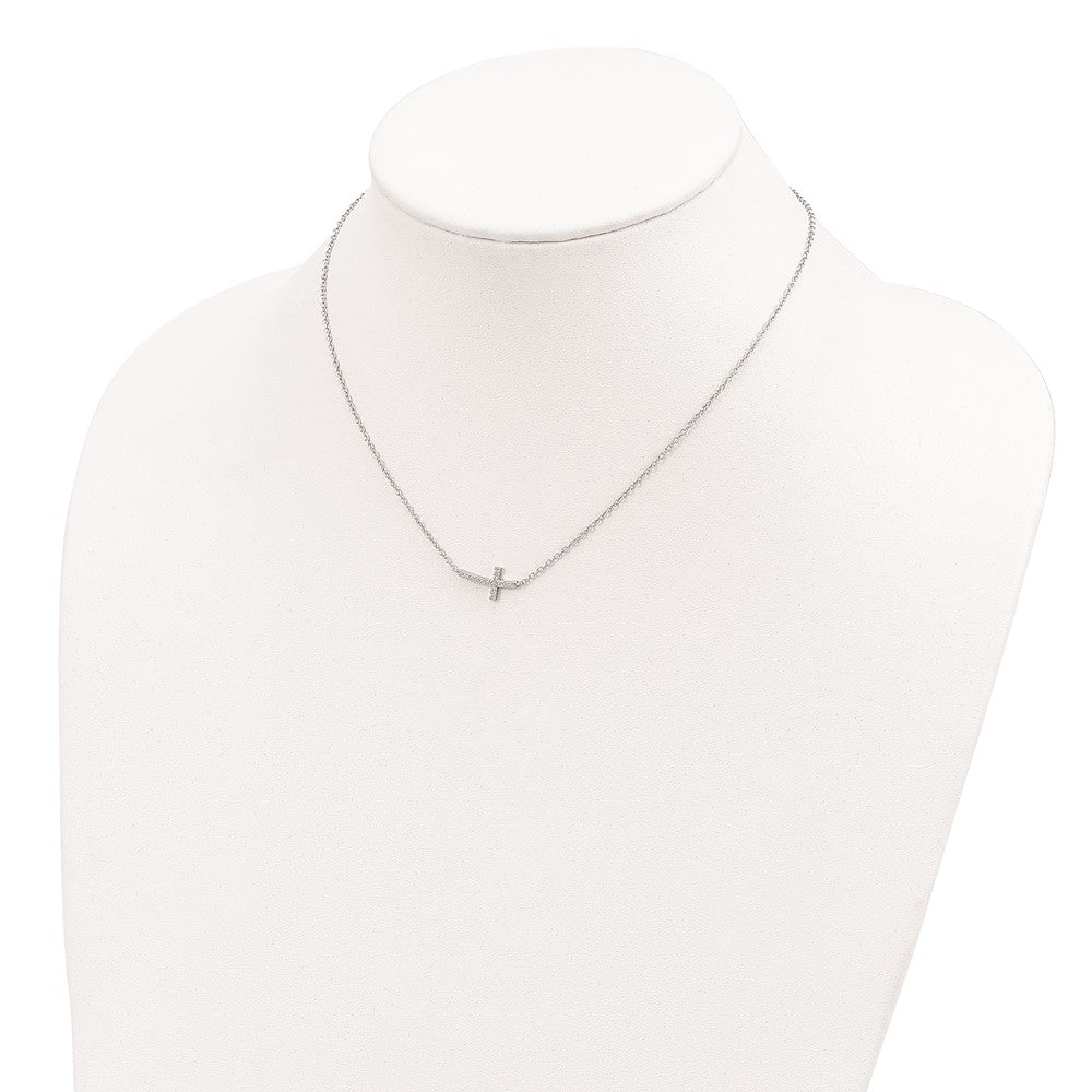 Sterling Silver Cubic Zirconia Sideways Cross Necklace 16"