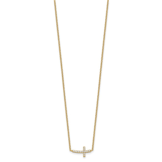 Sterling Silver Gold-tone Cubic Zirconia Sideways Cross Necklace 18"