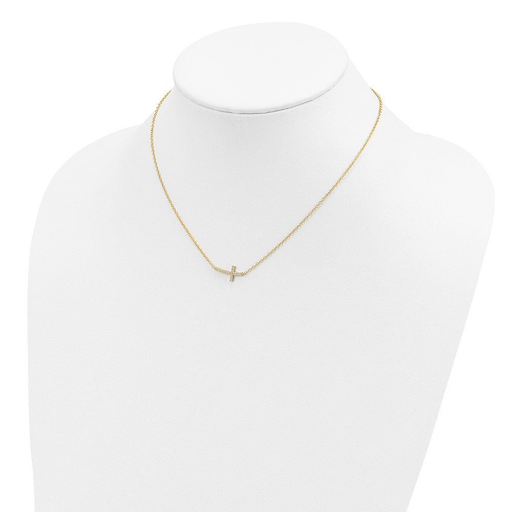 Sterling Silver Gold-tone Cubic Zirconia Sideways Cross Necklace 18"