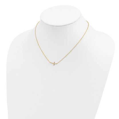 Sterling Silver Gold-tone Cubic Zirconia Sideways Cross Necklace 18"