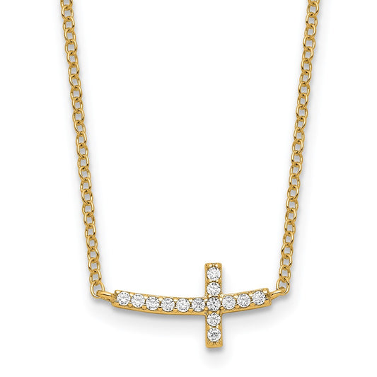 Sterling Silver Gold-tone Cubic Zirconia Sideways Cross Necklace 18"