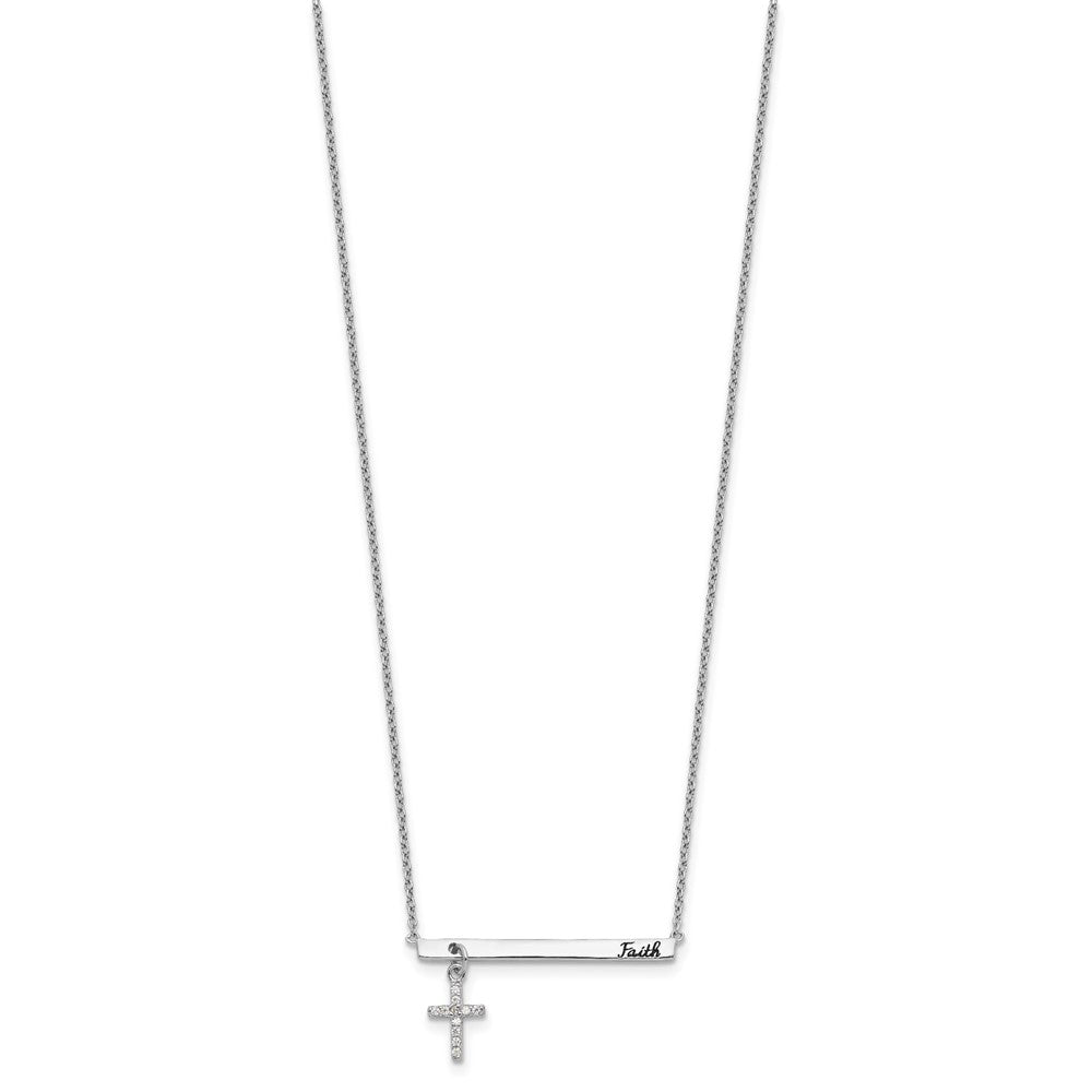 Sterling Silver Cubic Zirconia Cross Black Enamel FAITH Bar Necklace 16"