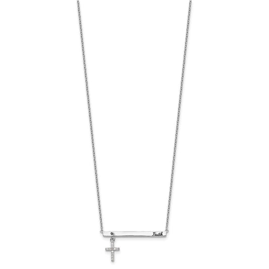 Sterling Silver Cubic Zirconia Cross Black Enamel FAITH Bar Necklace 16"