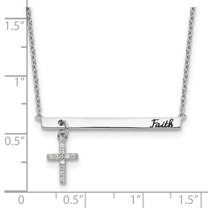 Sterling Silver Cubic Zirconia Cross Black Enamel FAITH Bar Necklace 16"