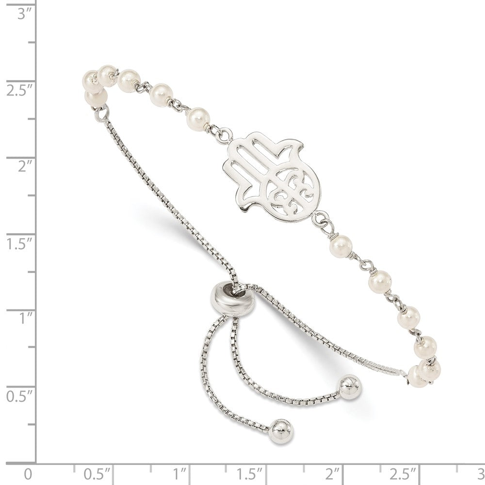 925 Sterling Silver Hamsa with Simulated Pearl Adjustable Bracelet