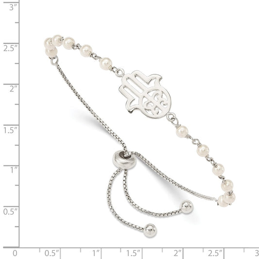 925 Sterling Silver Hamsa with Simulated Pearl Adjustable Bracelet