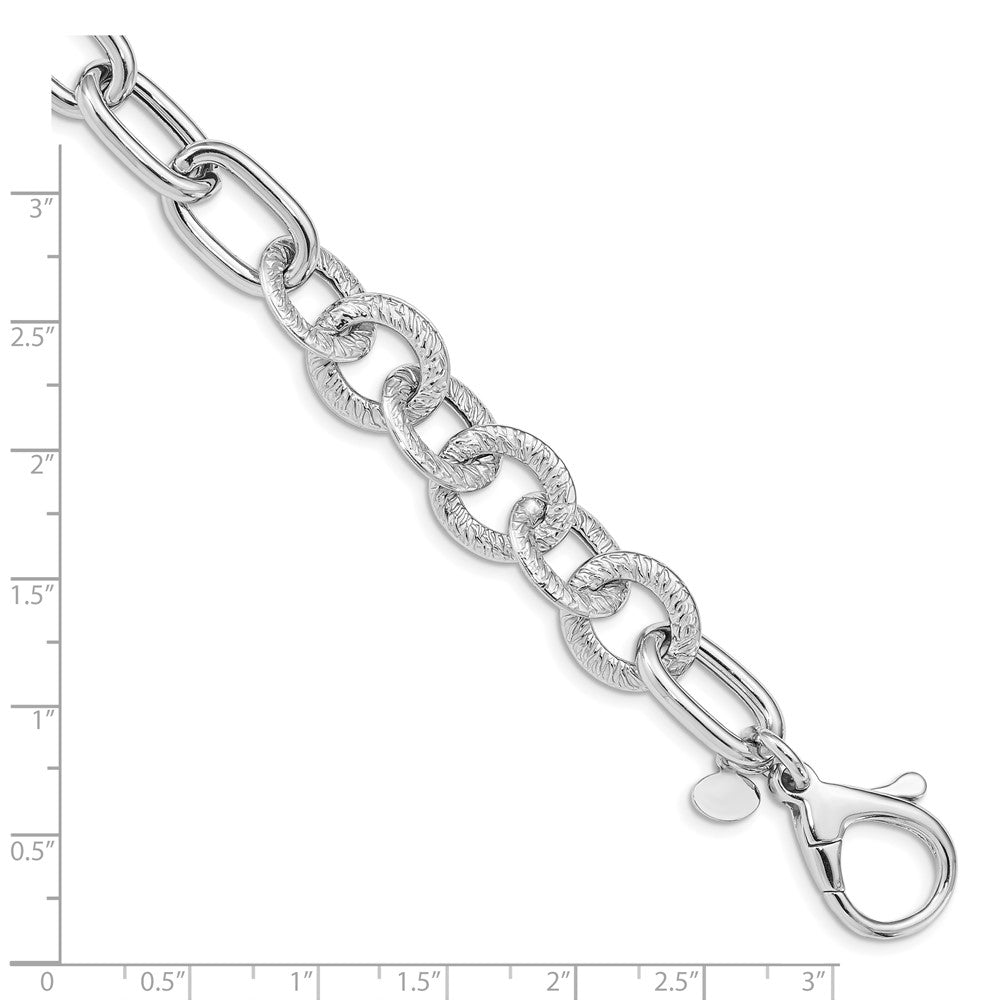 925 Sterling Silver 12.6mm Rhodium Plated Polished Textured Fancy Link Bracelet 8 inch
