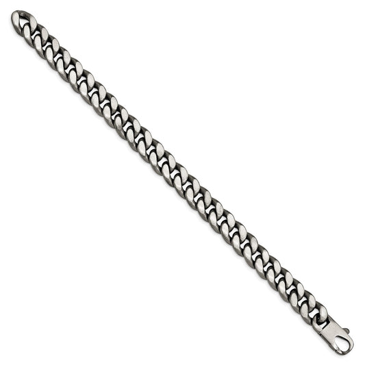 925 Sterling Silver 10.75mm Ruthenium/Antiqued Brushed Curb Link Bracelet 8.5 inch