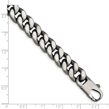 925 Sterling Silver 10.75mm Ruthenium/Antiqued Brushed Curb Link Bracelet 8.5 inch