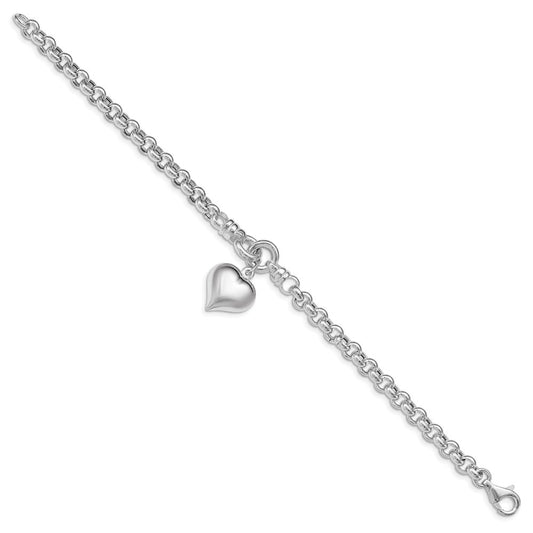 925 Sterling Silver 10.6mm Polished Rolo w/ Dangle Heart Charm Bracelet 8 inch