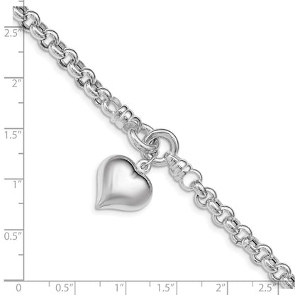 925 Sterling Silver 10.6mm Polished Rolo w/ Dangle Heart Charm Bracelet 8 inch