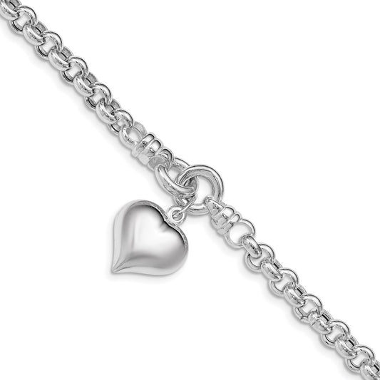 925 Sterling Silver 10.6mm Polished Rolo w/ Dangle Heart Charm Bracelet 8 inch