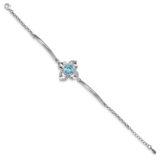 925 Sterling Silver 22.5mm Rhodium-plated Clear/Blue Crystal Flower Bracelet 7 inch