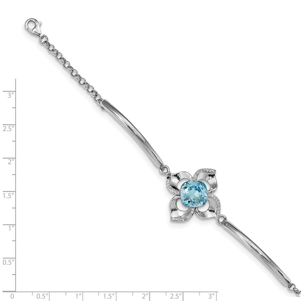 925 Sterling Silver 22.5mm Rhodium-plated Clear/Blue Crystal Flower Bracelet 7 inch