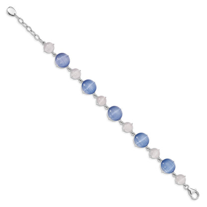 925 Sterling Silver 12.37mm Rhodium-plated Created Blue Cats Eye Bracelet 7 inch