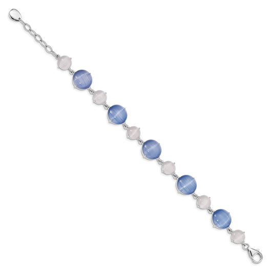 925 Sterling Silver 12.37mm Rhodium-plated Created Blue Cats Eye Bracelet 7 inch