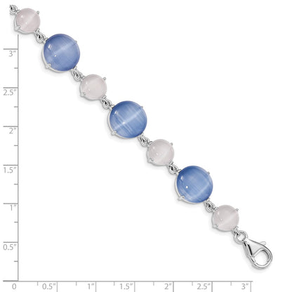 925 Sterling Silver 12.37mm Rhodium-plated Created Blue Cats Eye Bracelet 7 inch