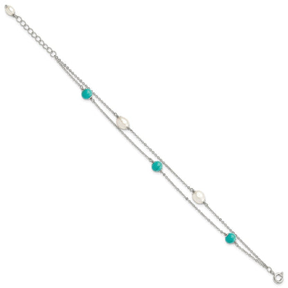 925 Sterling Silver Rhodium-plated Turquoise Freshwater Cultured Pearl 7 inch Bracelet