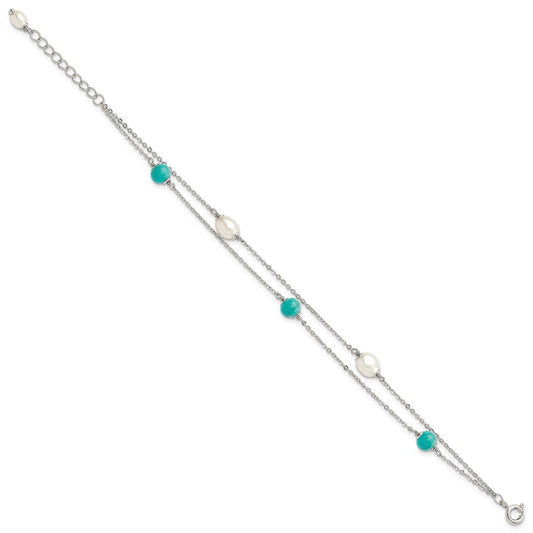 925 Sterling Silver Rhodium-plated Turquoise Freshwater Cultured Pearl 7 inch Bracelet