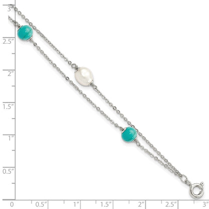 925 Sterling Silver Rhodium-plated Turquoise Freshwater Cultured Pearl 7 inch Bracelet