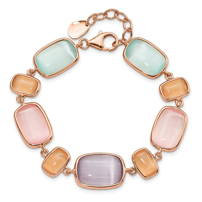 925 Sterling Silver Rose-tone and Created Cats Eye Bracelet 7 inch