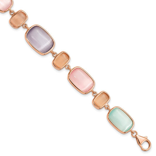 925 Sterling Silver Rose-tone and Created Cats Eye Bracelet 7 inch