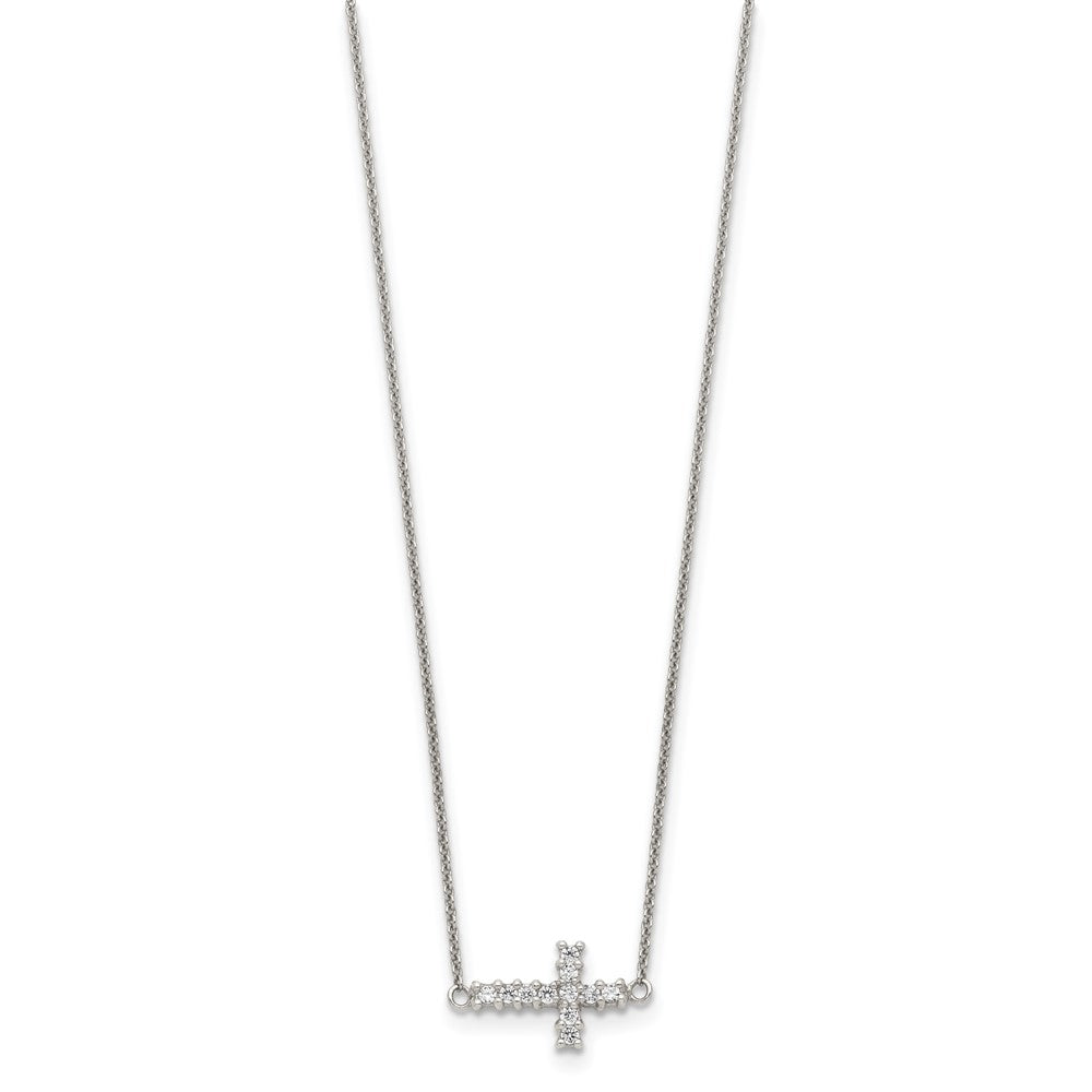 Sterling Silver Cubic Zirconia Sideways Cross Necklace 18"