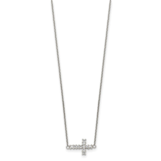 Sterling Silver Cubic Zirconia Sideways Cross Necklace 18"