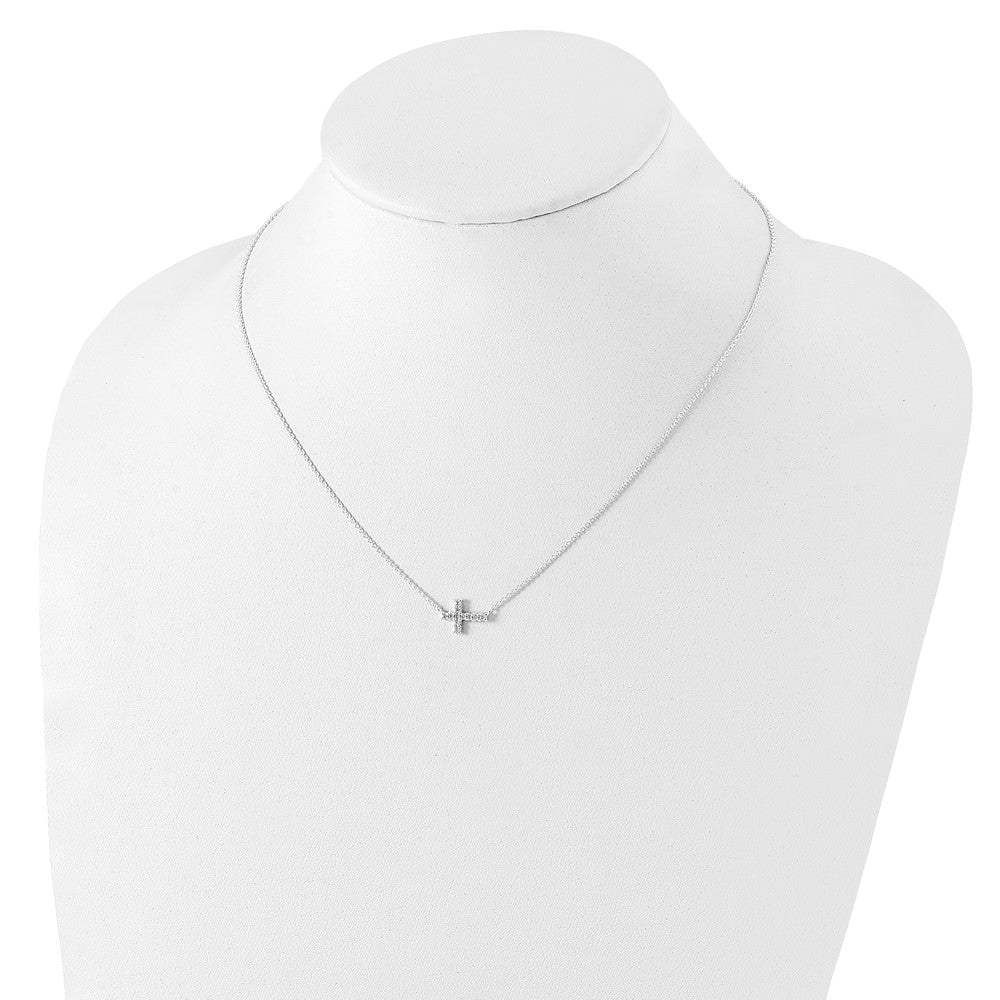 Sterling Silver Cubic Zirconia Sideways Cross Necklace 18"
