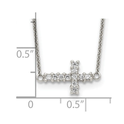 Sterling Silver Cubic Zirconia Sideways Cross Necklace 18"